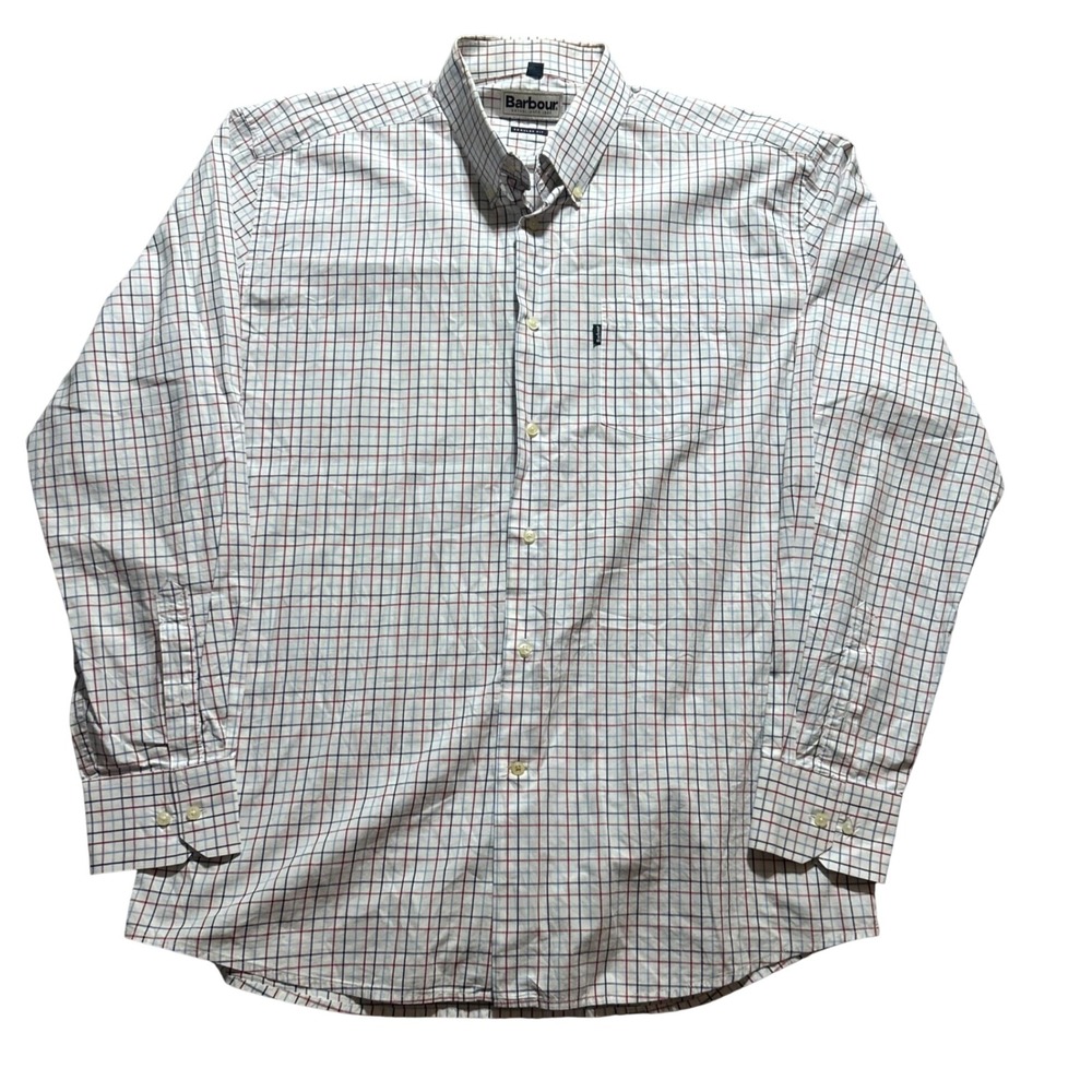 Barbour Button Down Shirt Mens XL White Navy Red Tattersall Check Regular Fit